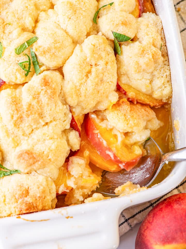 The corner of a white baking dish filled with vegan peach cobbler. There is a metal spoon head scooping the peach cobbler at the edge of the baking dish. A peach is right in front of the corner of the dish.