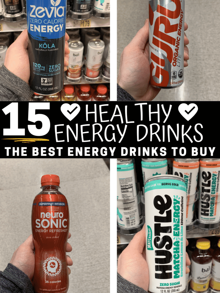 A compilation of 4 pictures of energy drinks with text that reads "15 healthy energy drink".