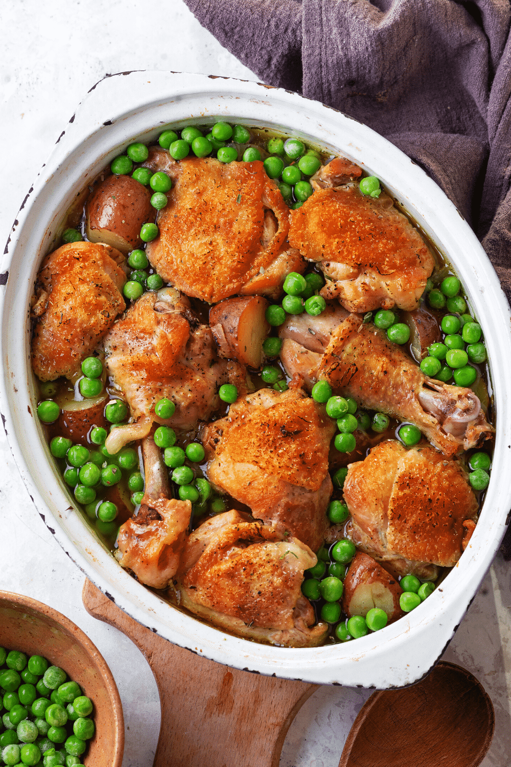 Apart with chicken thighs and peas in it.