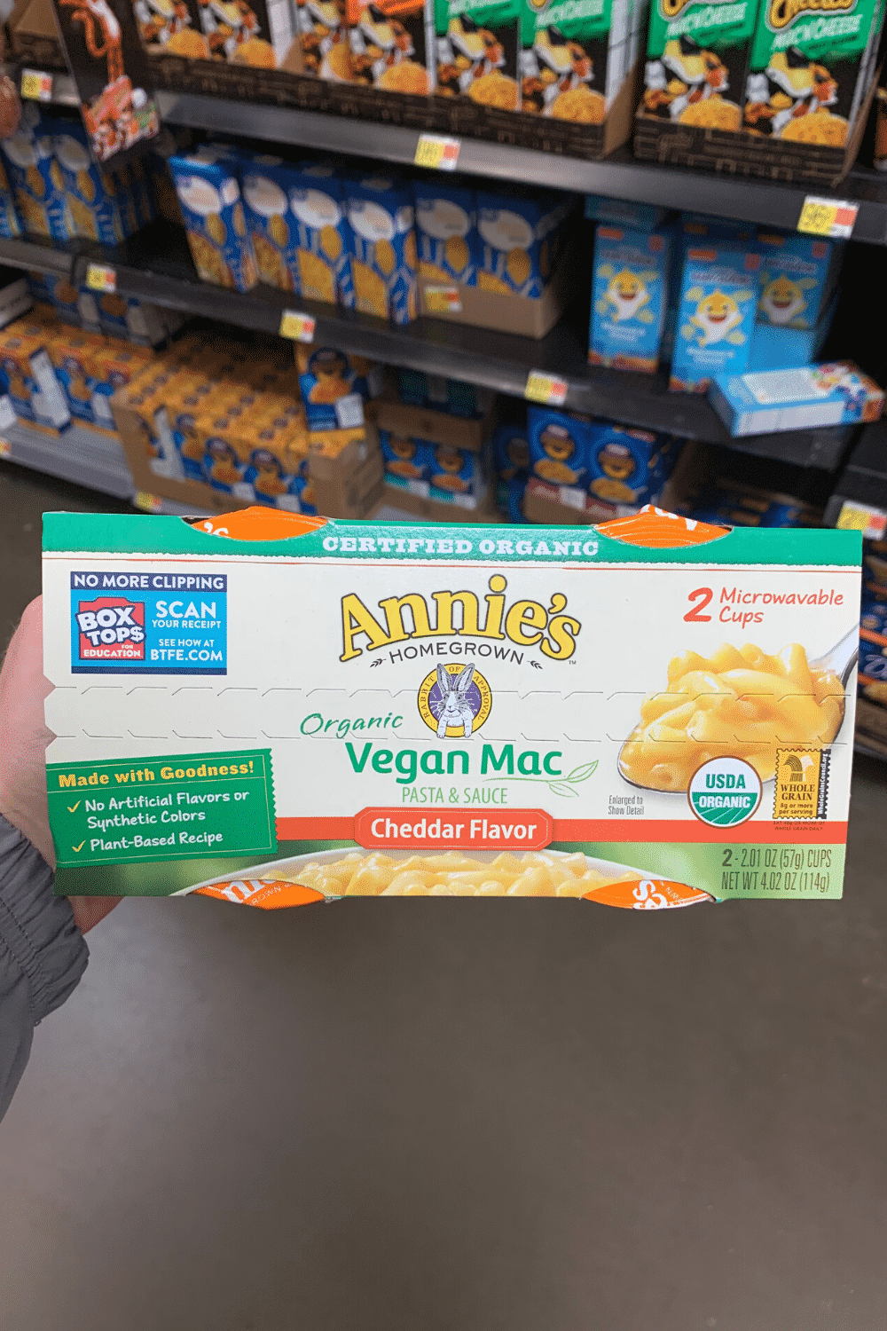 A hand holding Annie's organic vegan Mac cheddar flavor.