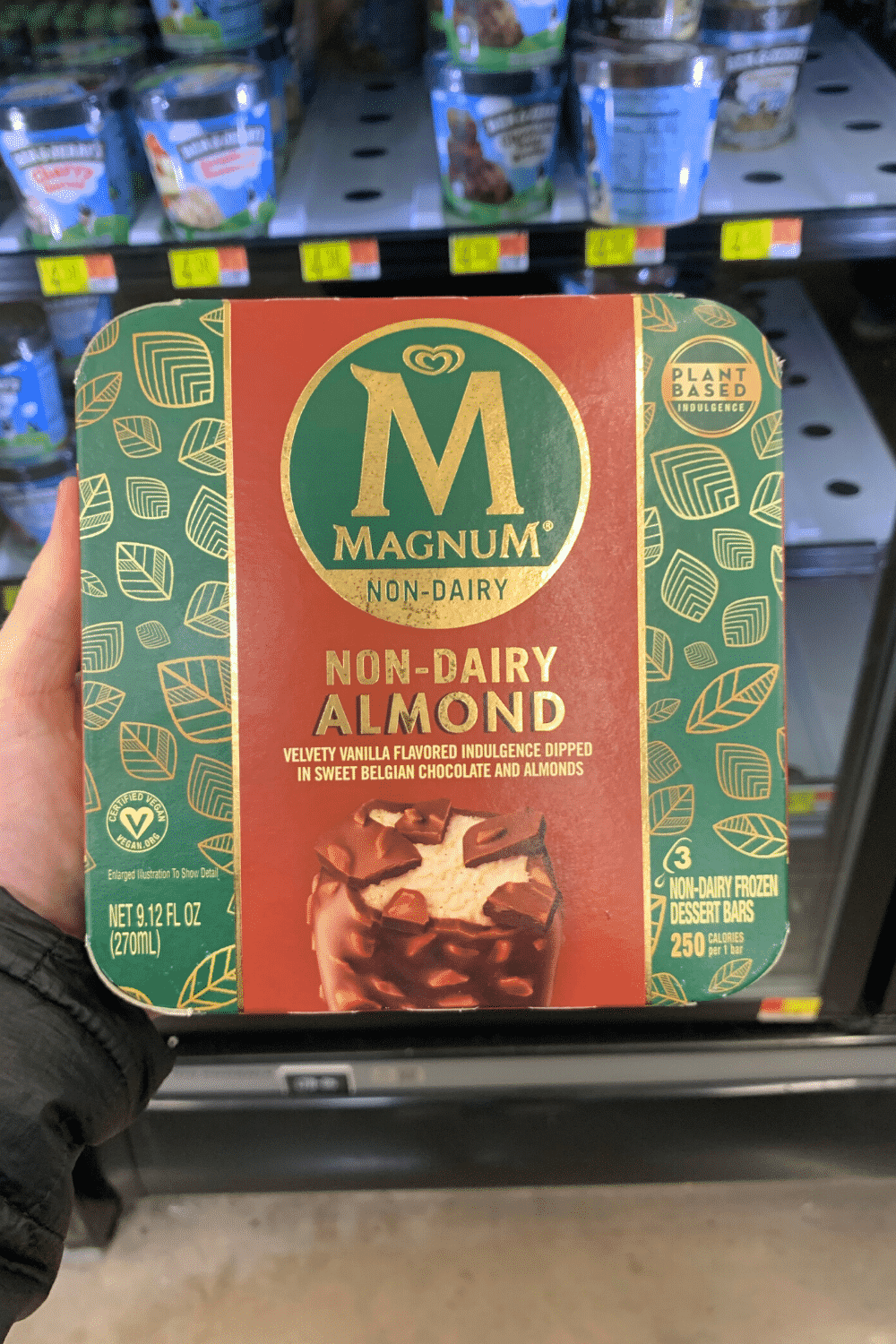 Hand holding magnum nondairy almond ice cream bars.
