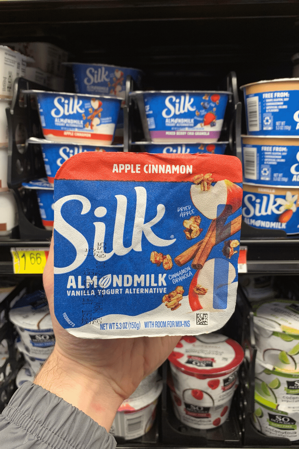 A hand holding silk apple cinnamon almond milk yogurt with granola.