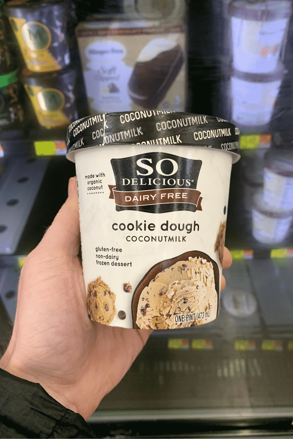 A hand holding so delicious dairy free cookie dough coconut milk ice cream.