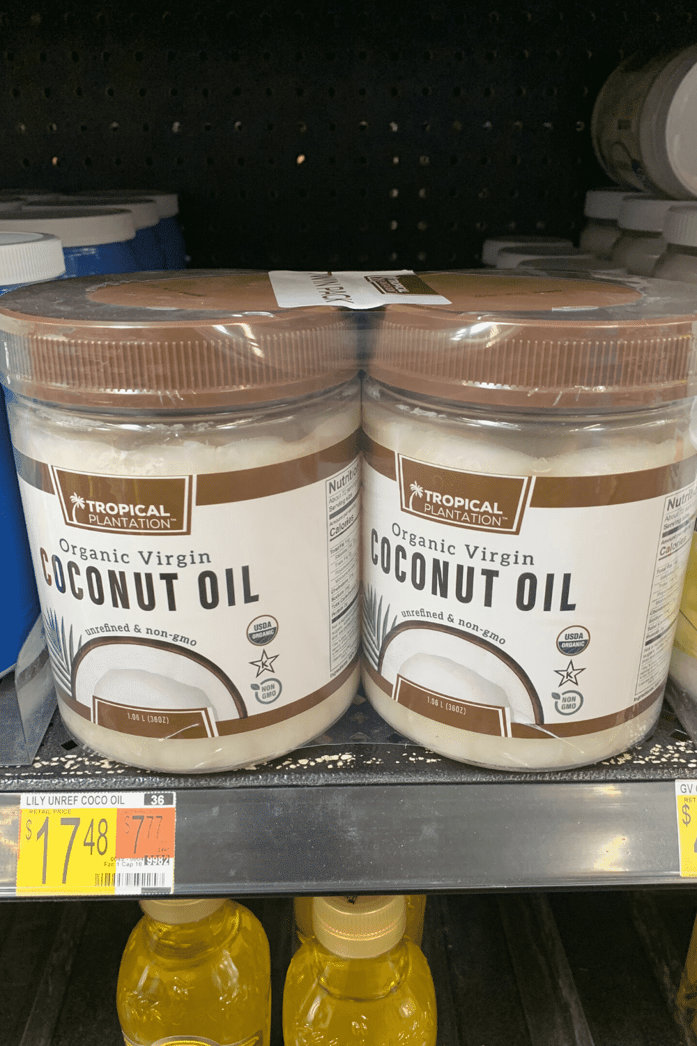 Tropical plantation organic virgin coconut oil to pack on a grocery store shelf at Walmart.