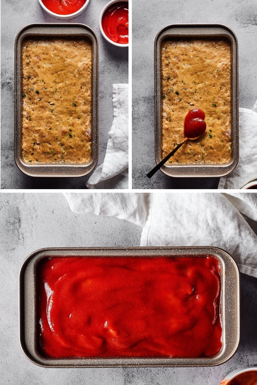 A three split picture: the top left is chicken meatloaf in a baking dish with two small bowls of catch-up glaze behind it. The top right picture is a baking dish filled with chicken meatloaf with a spoon spreading the glaze on it, and the bottom picture is a baking dish filled with chicken meatloaf covered in ketchup glaze.