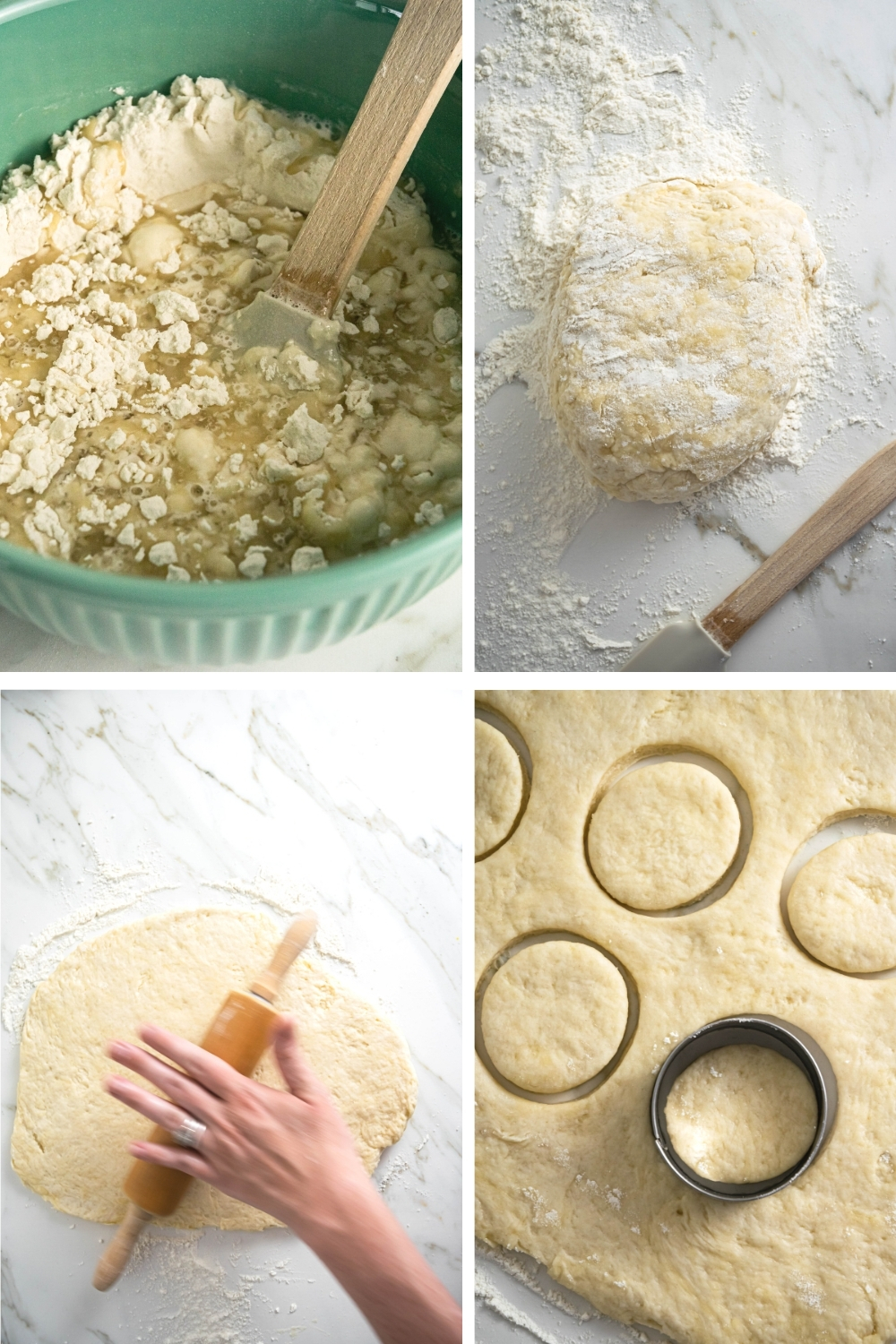 A four way split picture showing the process of how to make biscuits.