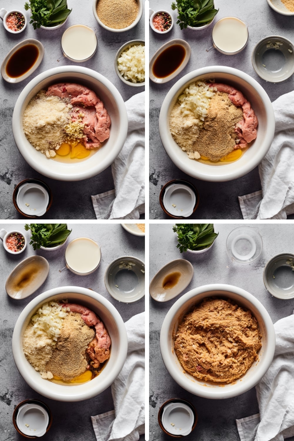 A four split picture with all of the chicken meatloaf ingredients in bowls showing the process of mixing the ingredients together.