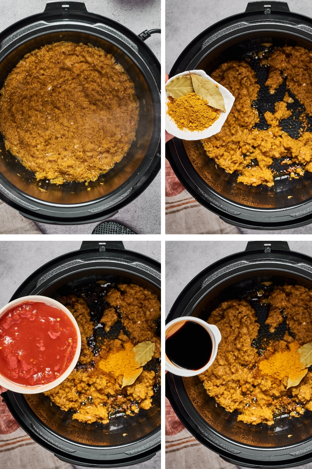 A four-way split picture showing the process of making instant pot Japanese curry.