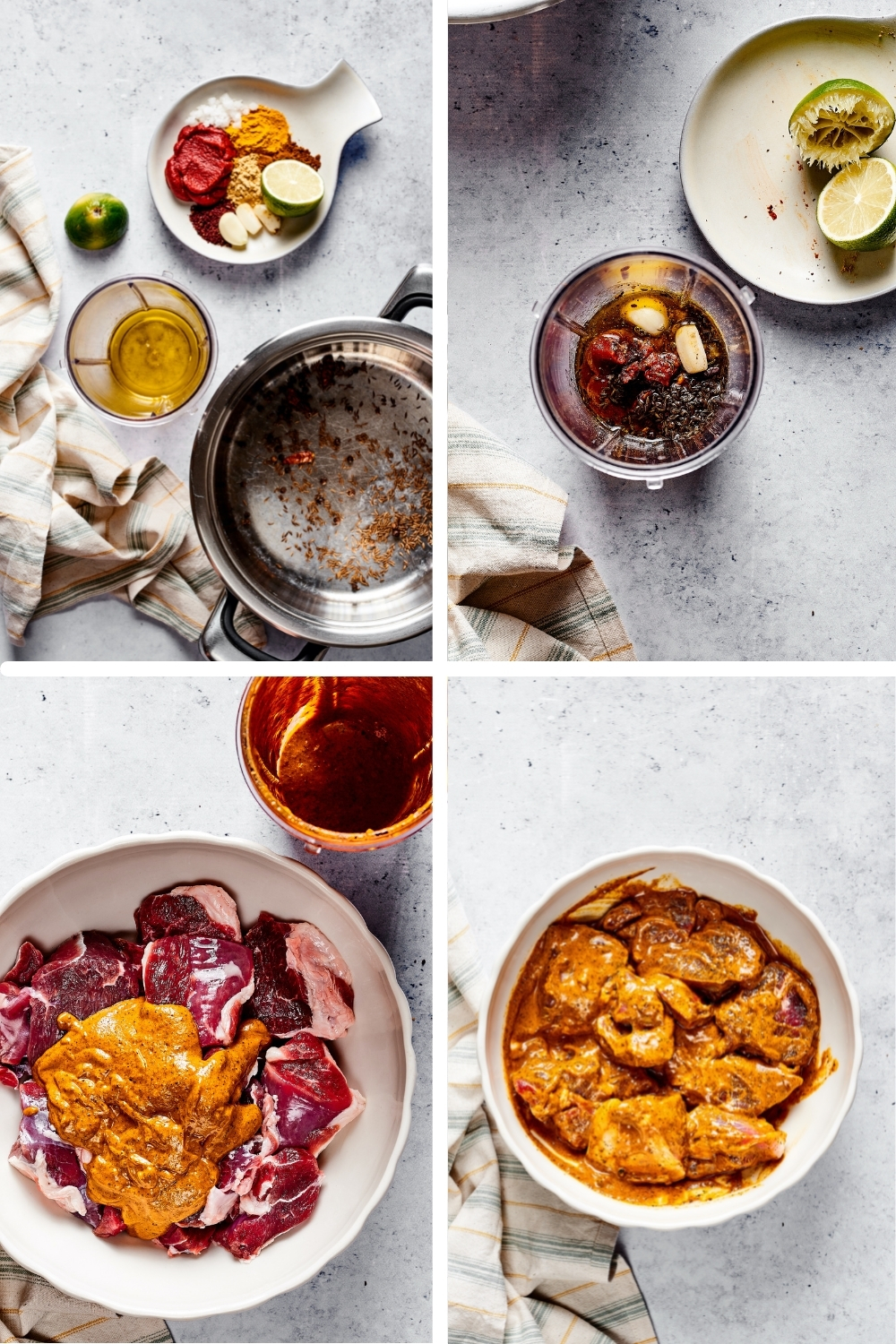 A four way split picture of how to make lamb vindaloo.