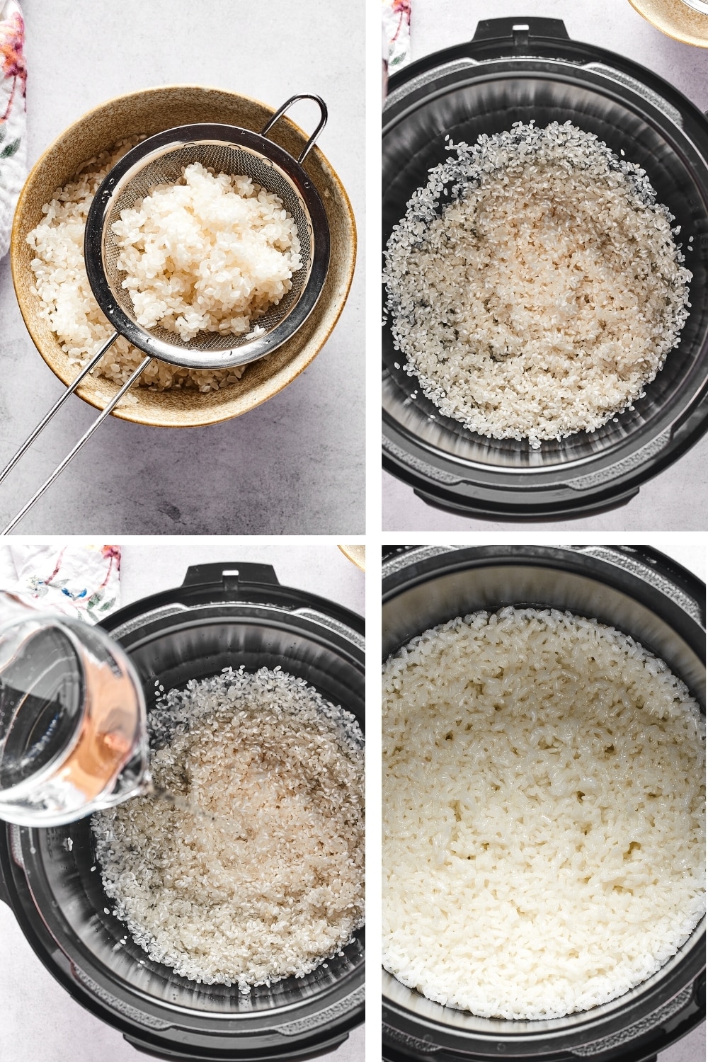 A four split picture showing the process of draining sushi rice, sushi rice in an instant pot, pouring water into the instant pot, and the sushi rice cooking.