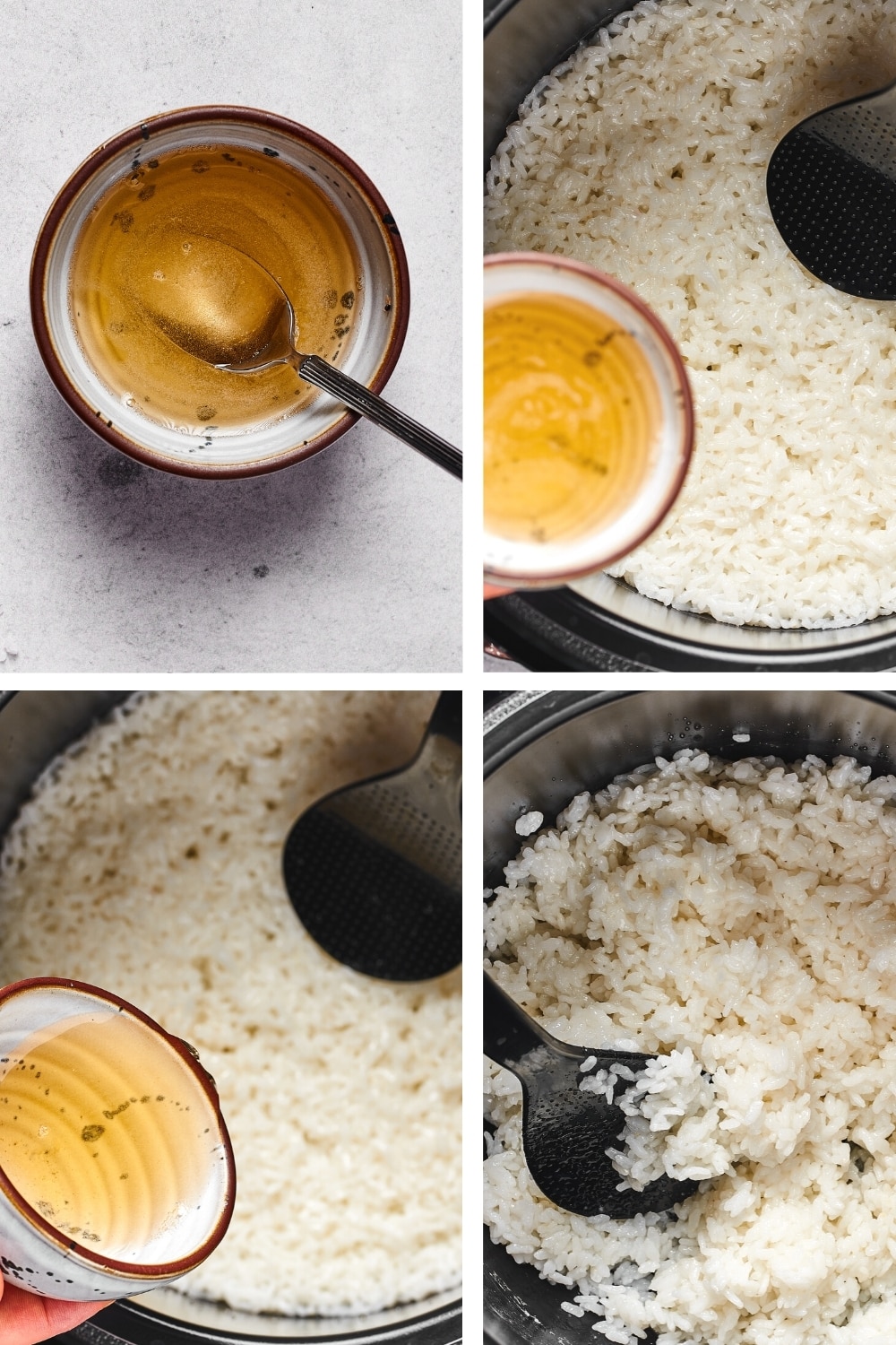 A four split picture showing a bowl of rice vinegar, rice vinegar and sushi rice in an instant pot, the rice vinegar being poured into the instant pot, and the rice being stirred around the instant pot.
