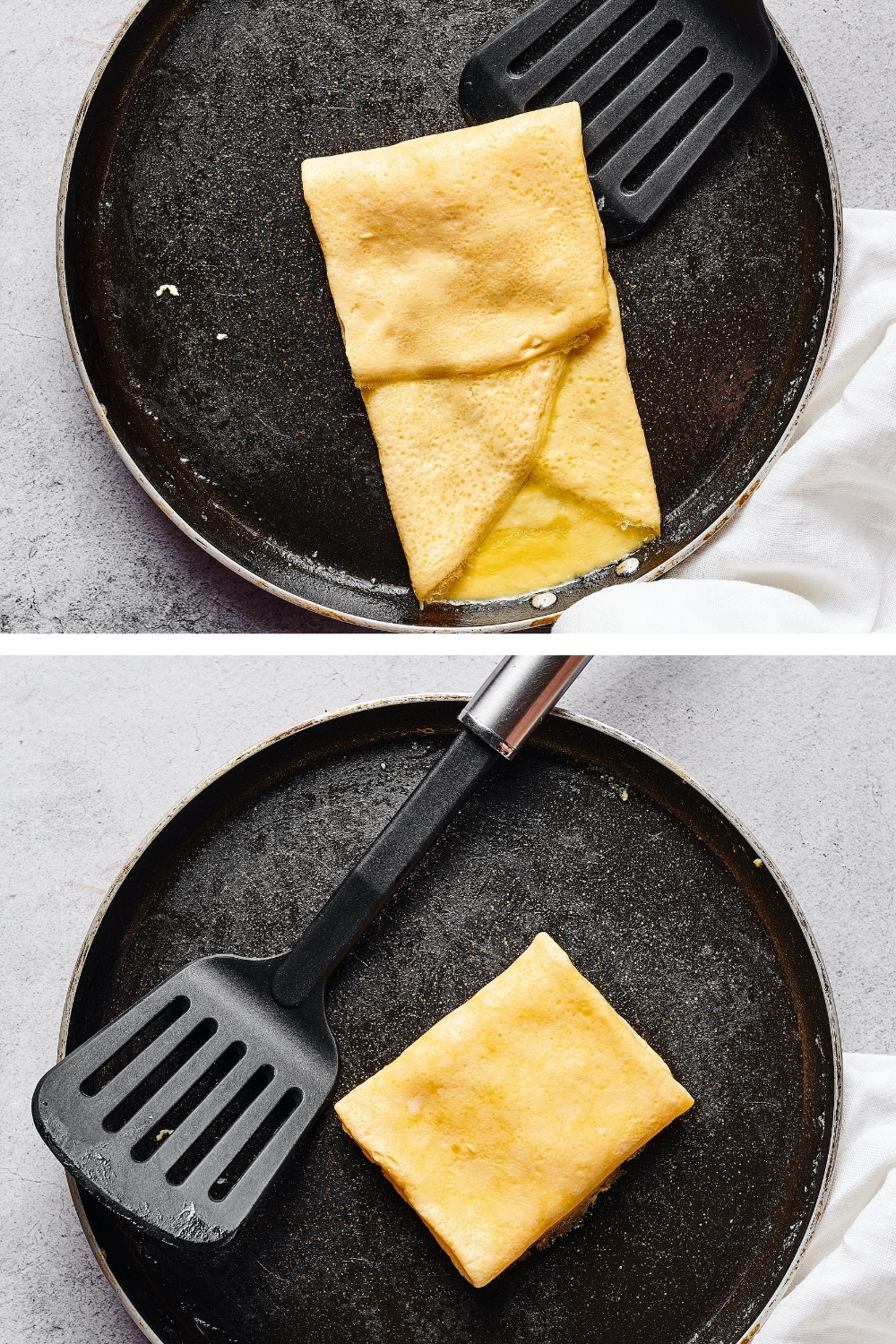 A two split picture: the top is a pan with a half folded Mcgriddle omelette on it. The bottom picture is a pan with a folded square Mcgriddle omelette on it.