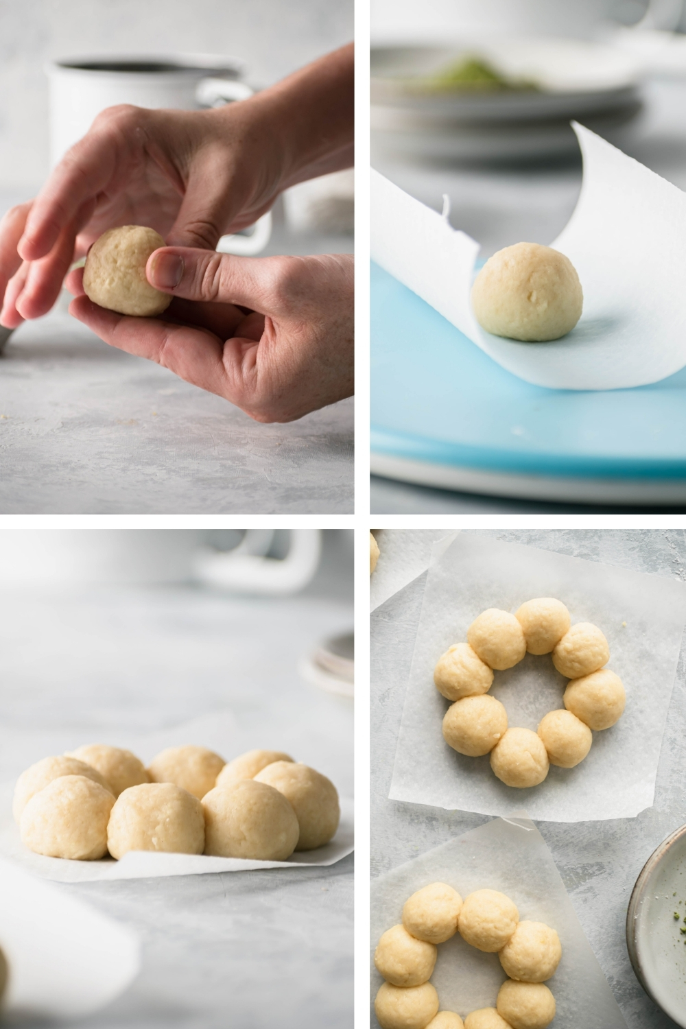 A four way picture showing the process of rolling the dough balls to make mochi donuts.