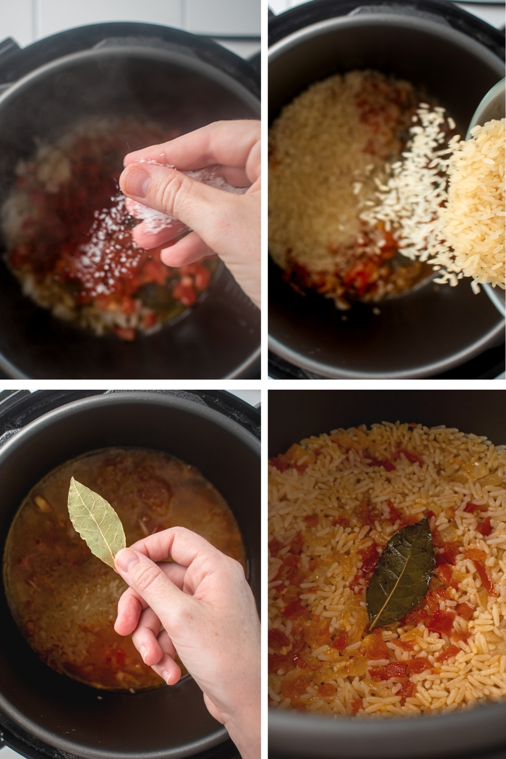 A four way split picture showing how to make instant pot spanish rice.
