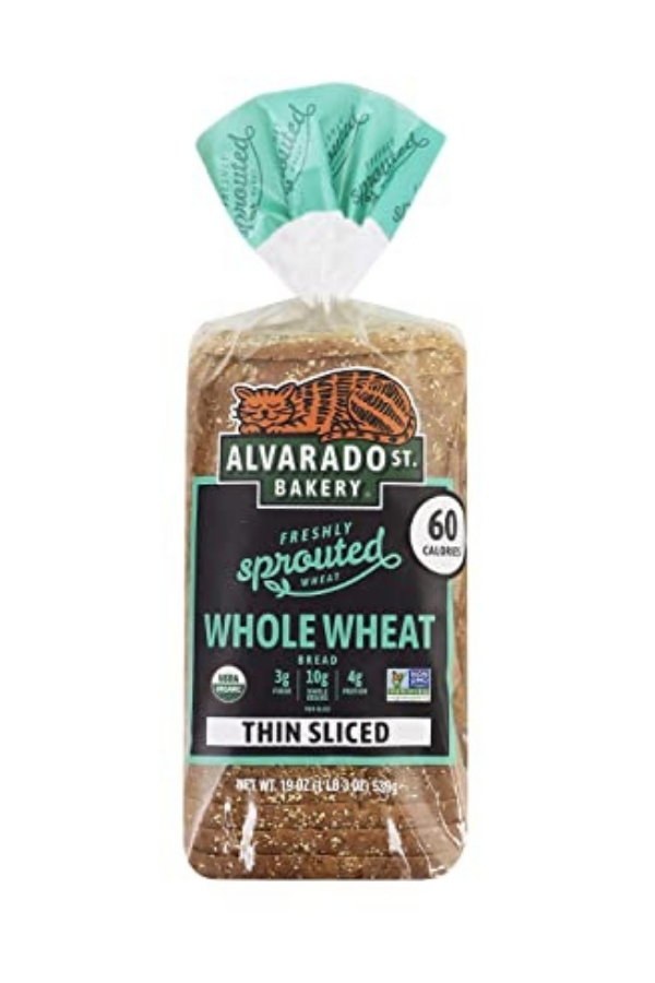 A bag of Alvarado St. Bakery sprouted whole wheat thin sliced bread.