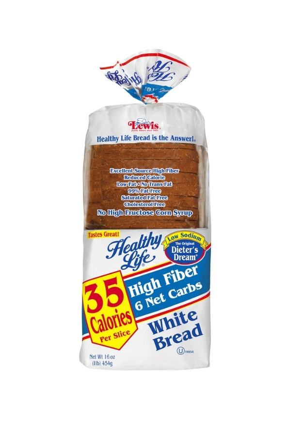 A bag of Healthy Life high fiber white bread