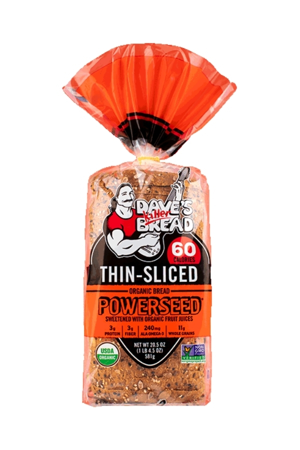 A bag of Klller Dave's bread thin sliced power seed bread.