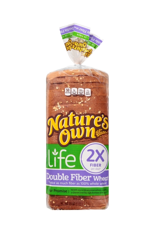 A bag of Nature's Own Life Double Fiber Wheat bread.