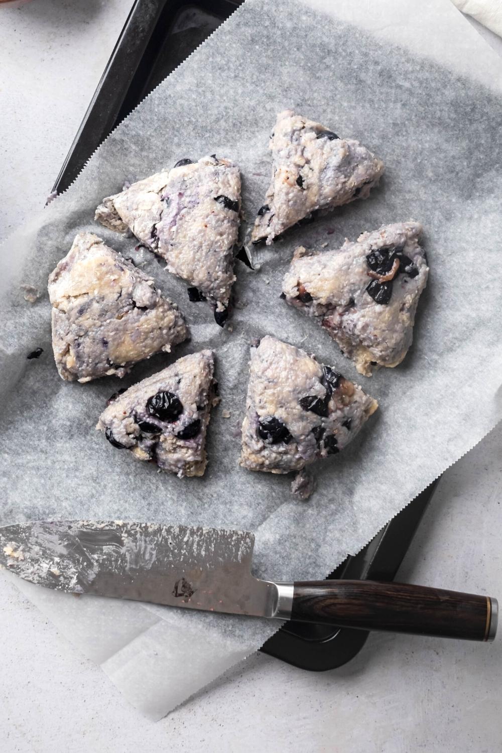 Blueberry scones cut into six pieces on a sheet of parchment paper on a baking tray. There is a knife in front of the scones on the sheet of parchment paper.