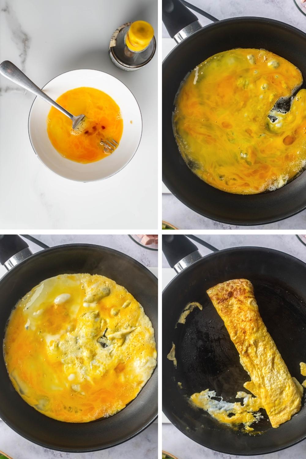 A four way split picture showing the process of cooking a fried egg.