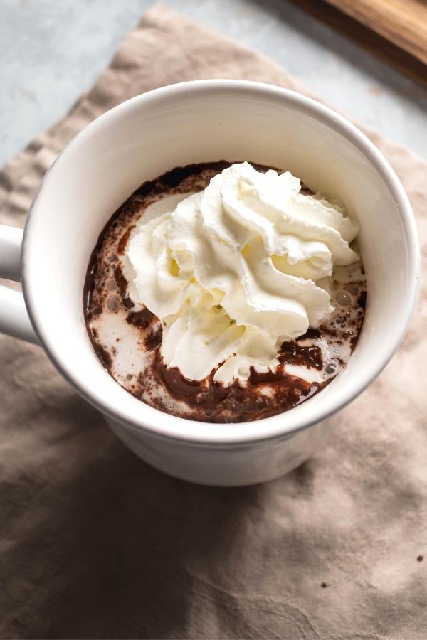 A white mug filled with hot chocolate with whipped cream on top/