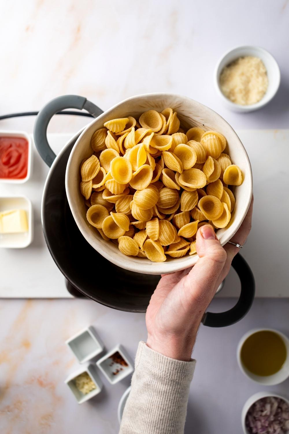 A hand holding a white bowl with pasta shells in it over a pot.
