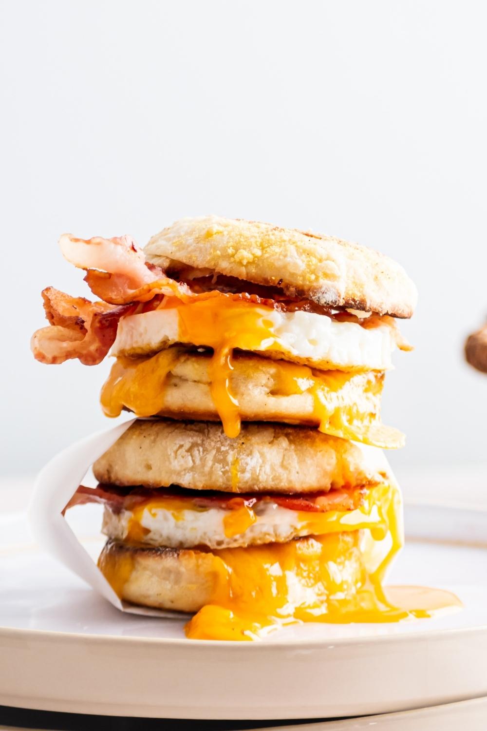 An english muffin with canadian bacon, an egg, and cheese between another english muffin. It is on top of the same breakfast sandwich on a plate.