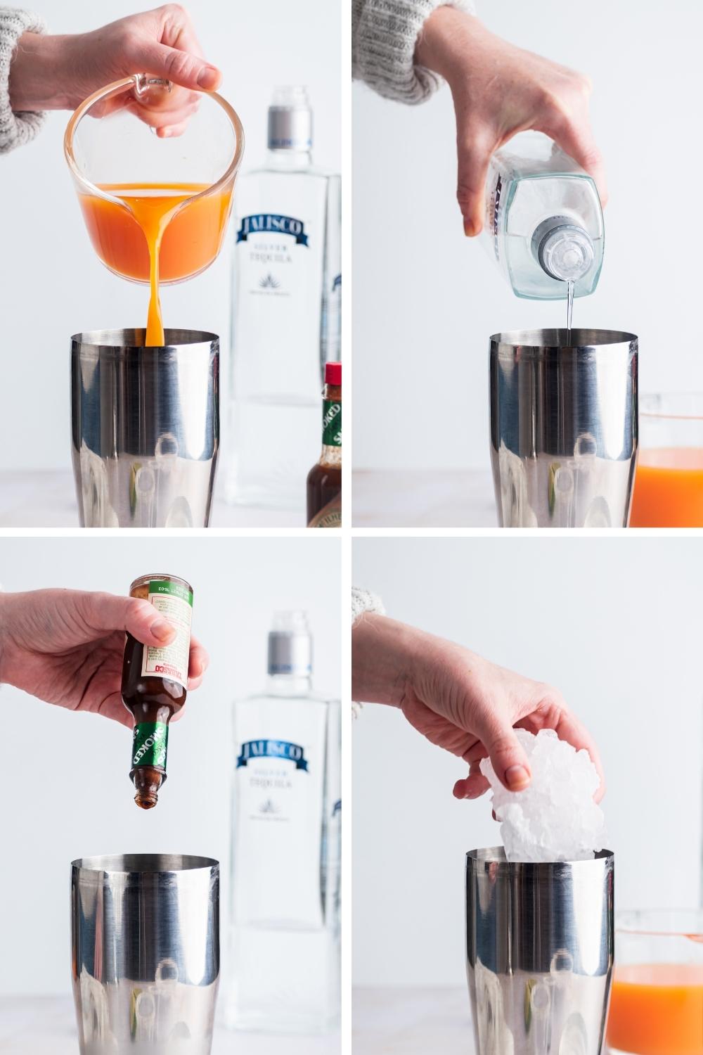 A four way split picture showing how to make a mexican candy shot.