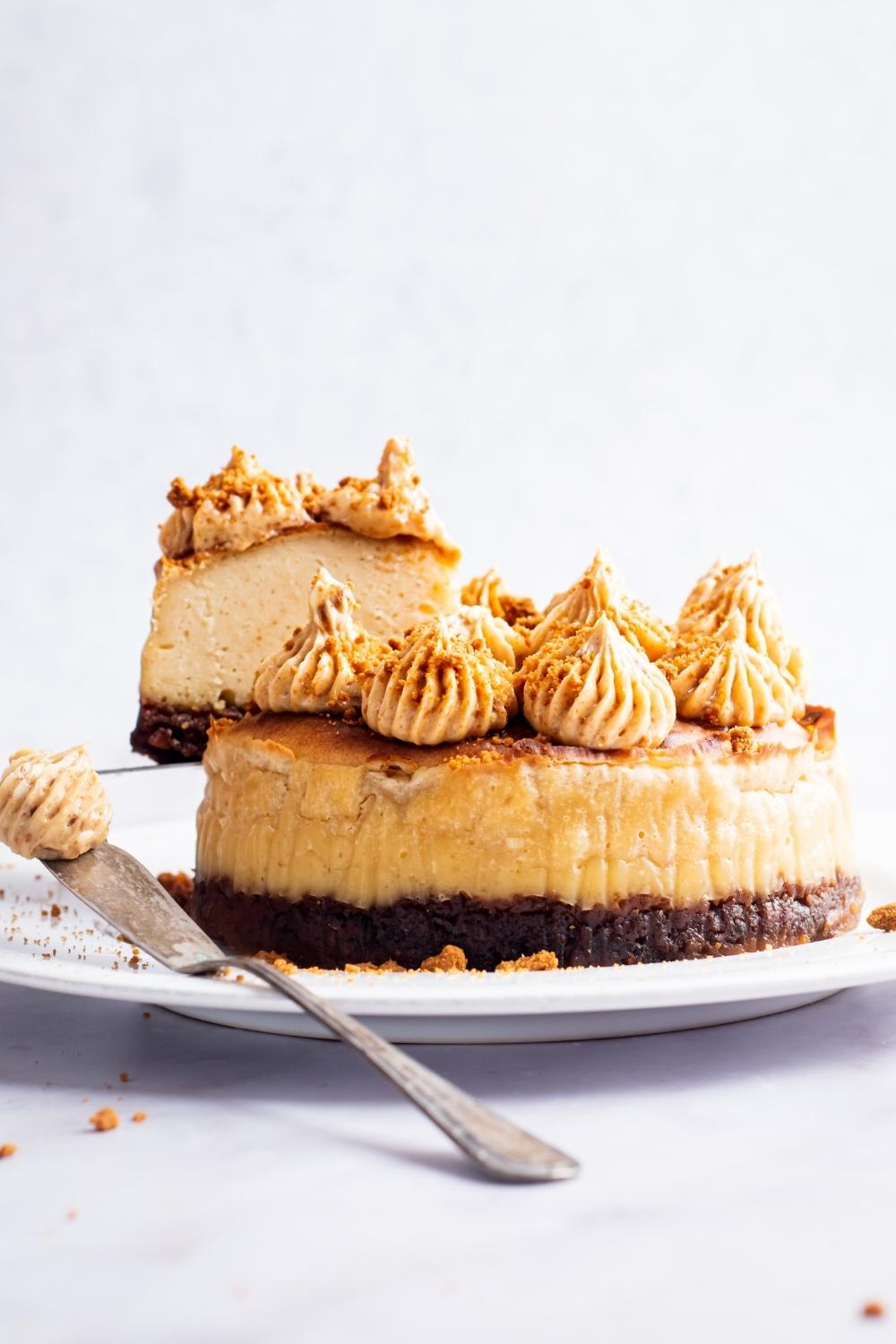 A side view of a Biscoff cheesecake with dolloped frosting on top sprinkled with crumbled lotus Biscoff cookies. A serving spatula is removing a slice of biscoff cheesecake.