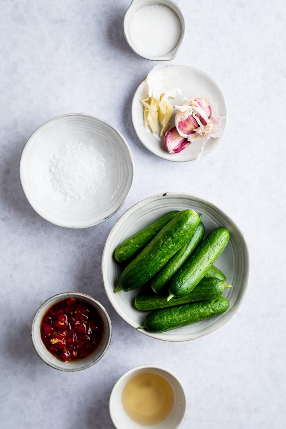 Cucumbers in a bowl, chili peppers in a bowl, salt in bowl, and garlic on a plate all on a white counter.