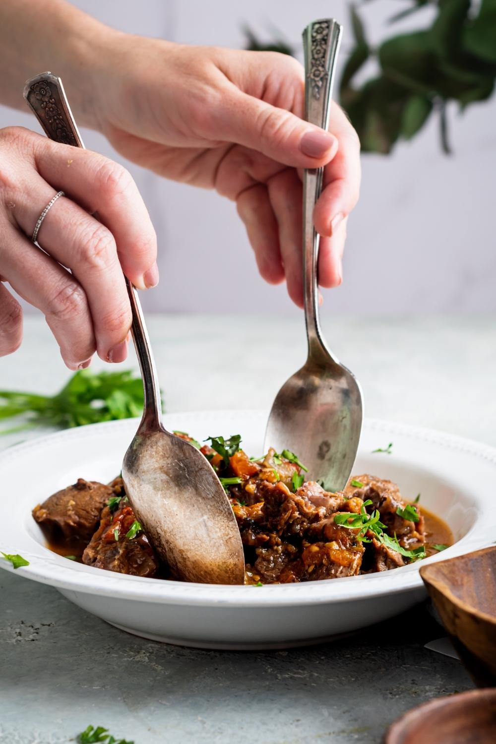 Two hands holding two spoons scooping beef shank out of a white bowl.