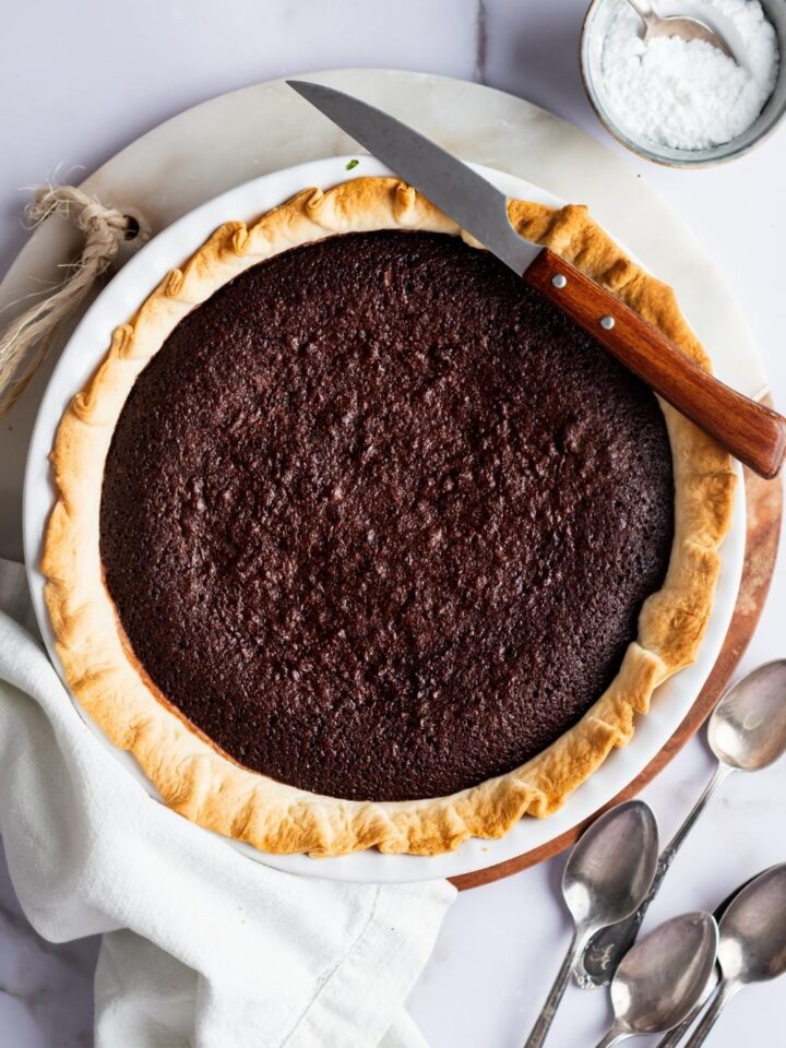 A baked fudge pie on a counter.