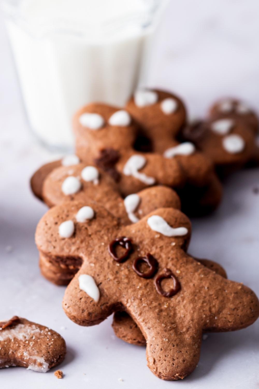 A pile of homemade gingerbread cookies fanned out on a countertop. A glass of milk sits behind them.