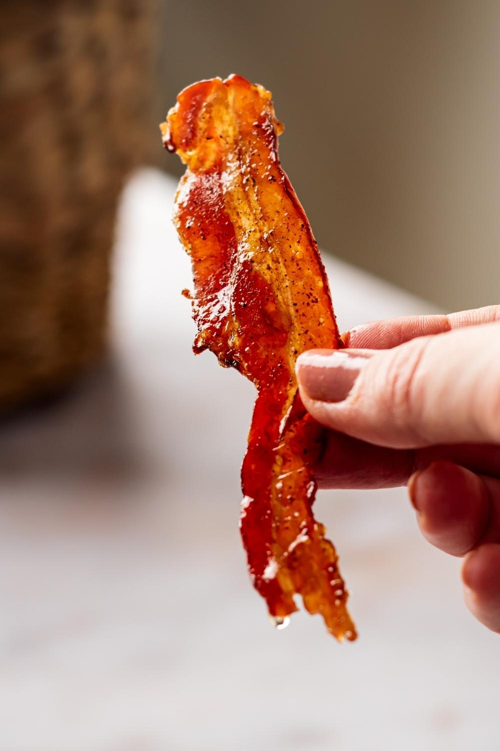 A hand holding a slice of million Dollar bacon.