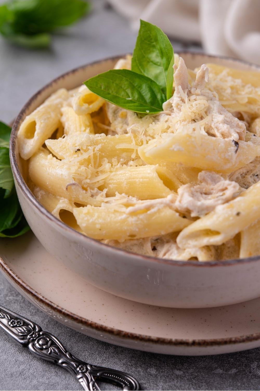 Olive Garden chicken pasta in a white bowl that is resting on a white plate. The pasta is garnished with basil leaves.
