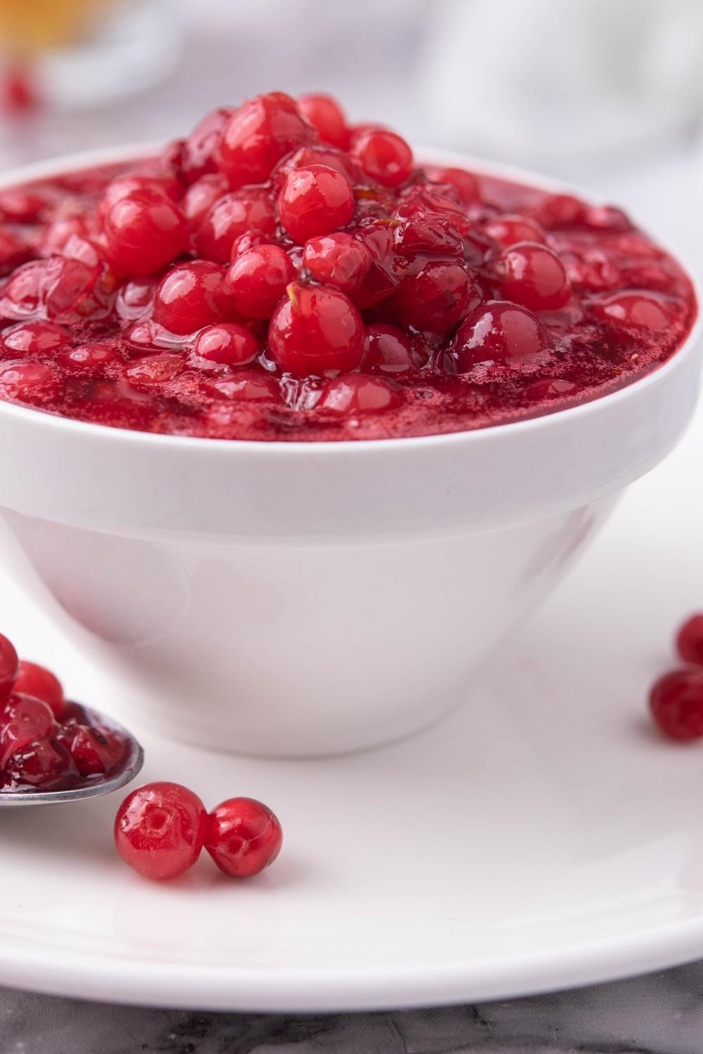 A small serving bowl with cranberry sauce served on a saucer. A heaping spoonful of cranberries sits next to the bowl on the saucer.