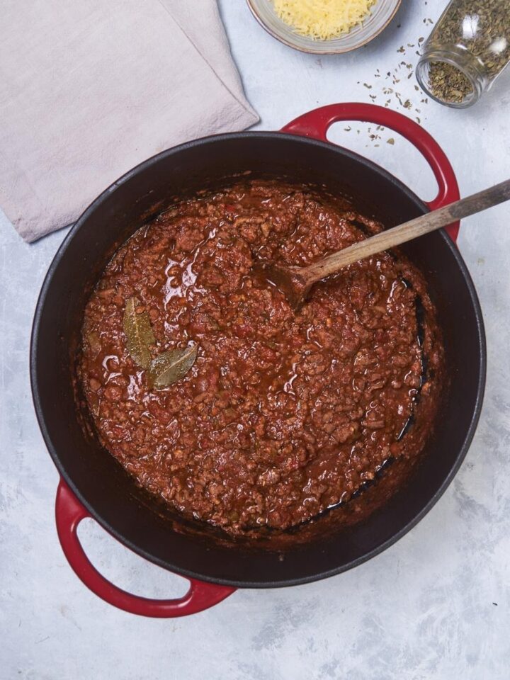 Ground beef chili in a pot.