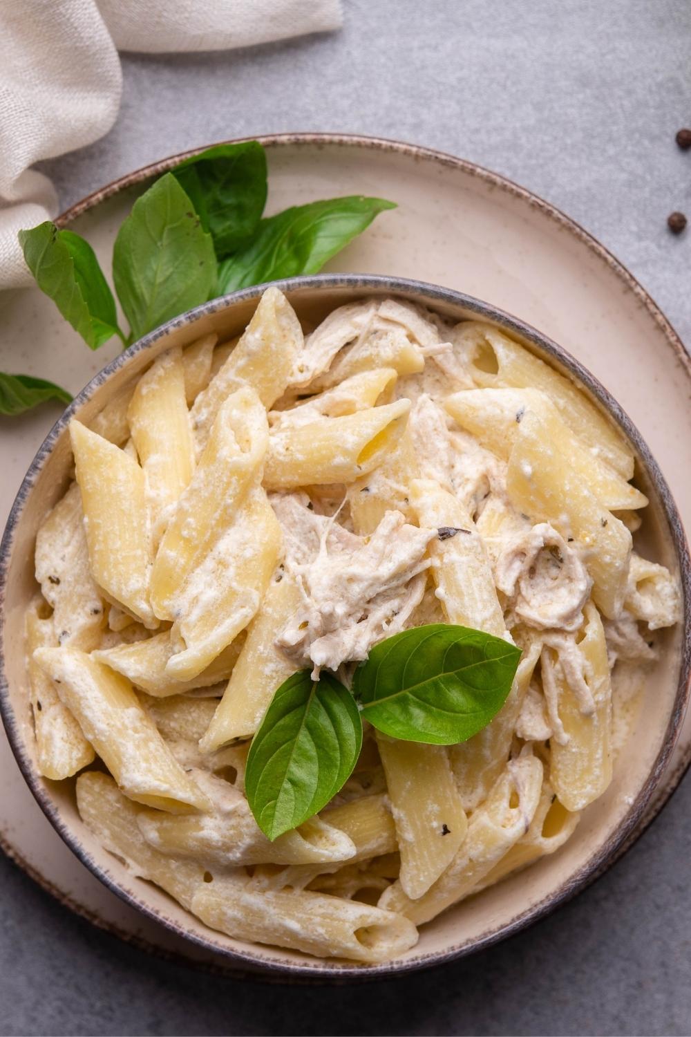 Shredded chicken on top of penne pasta in a creamy sauce in a bowl on a plate.