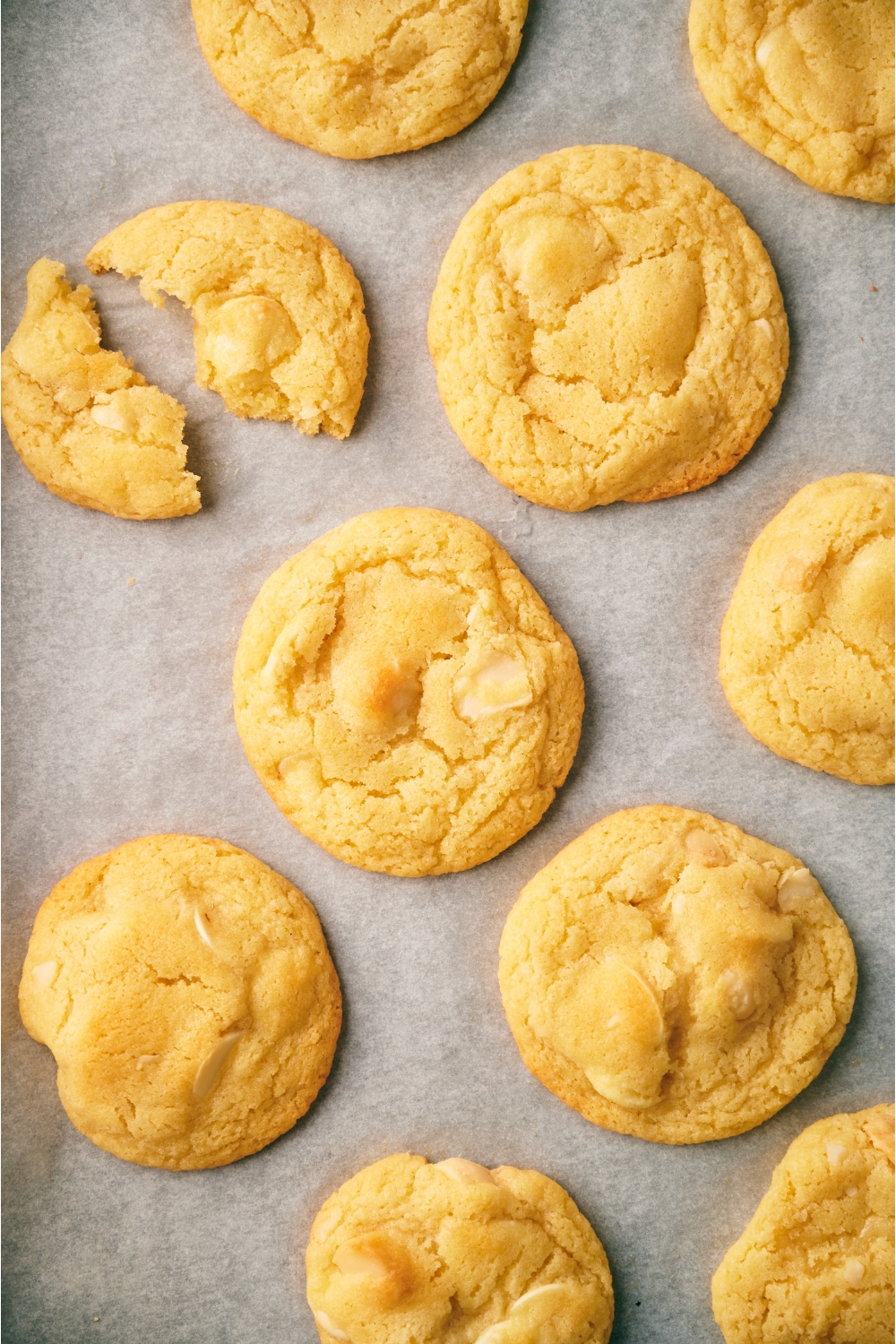 White chocolate macadamia nut cookies spread evenly on a baking sheet lined with parchment paper and one cookie is broken in half.
