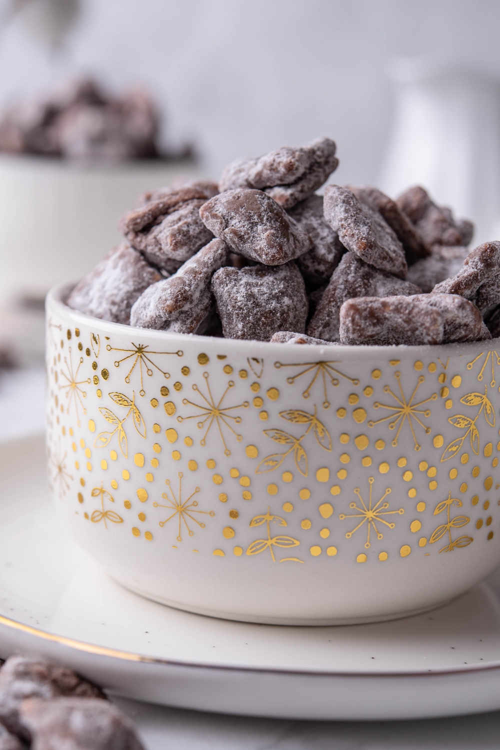A festive bowl with puppy chow piled high.