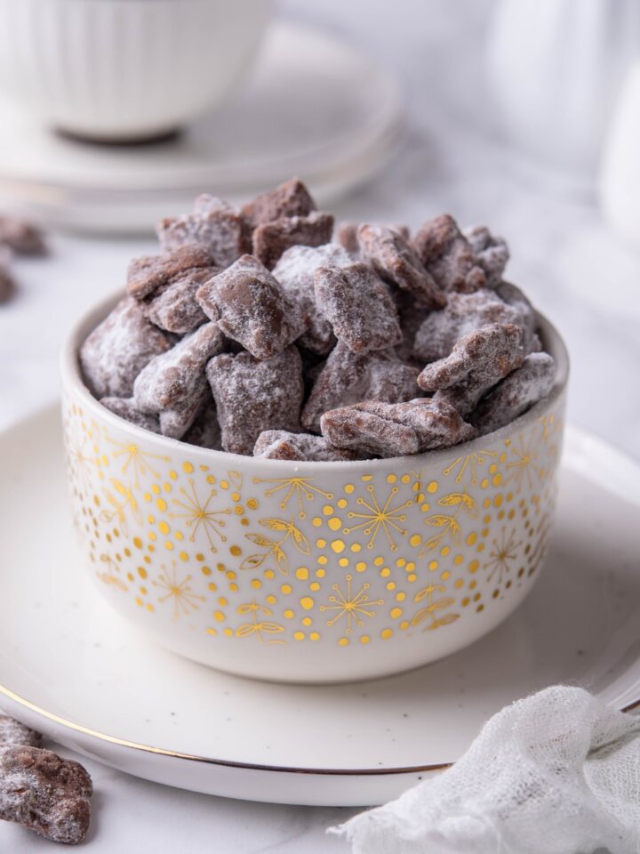 A festive bowl piled high with puppy chow.