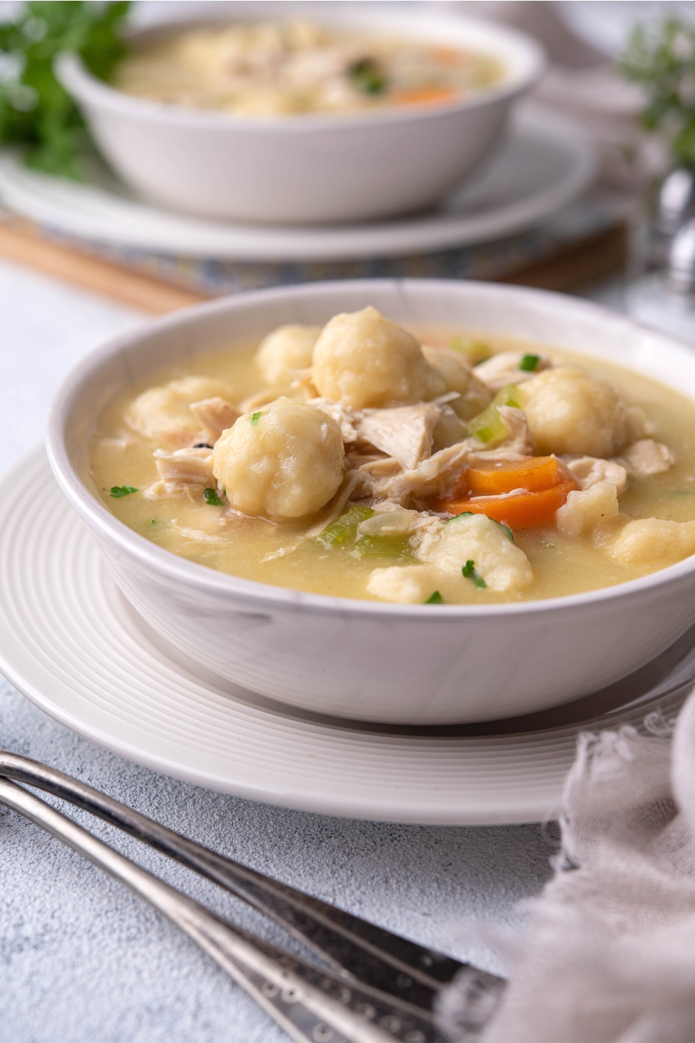 A white bowl that is filled with chicken dumpling soup.
