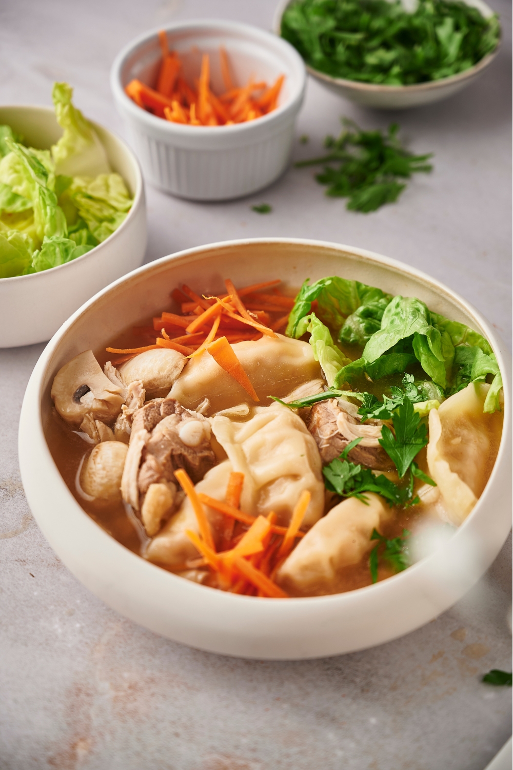 A bowl that is filled with broth, lettuce, carrots, pork, and chicken.