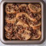 A pan with baked french toast casserole.