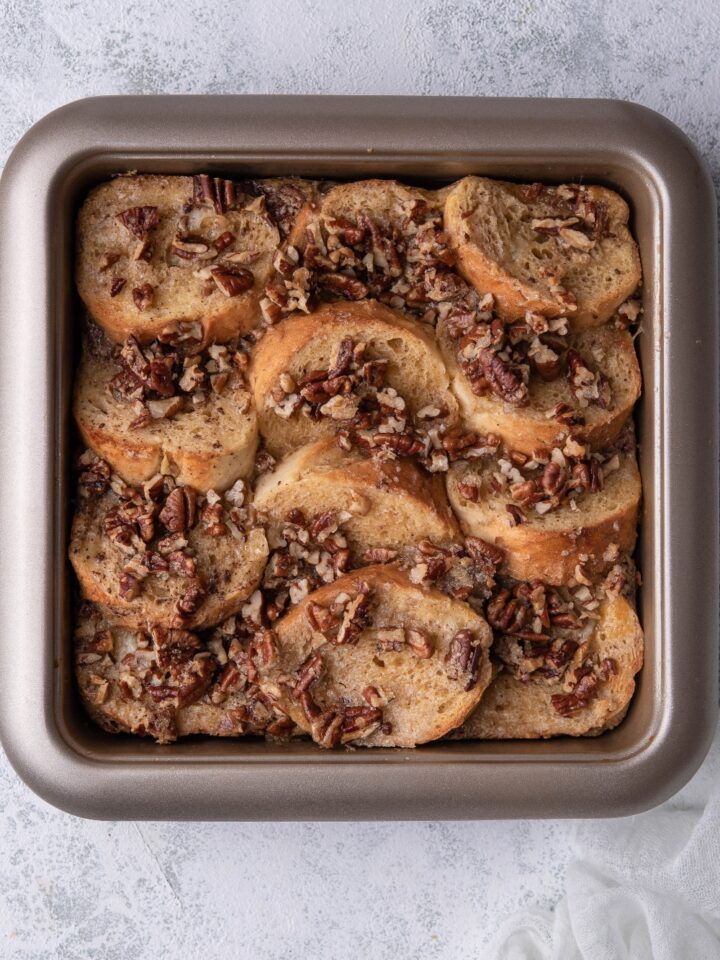 A pan with baked french toast casserole.