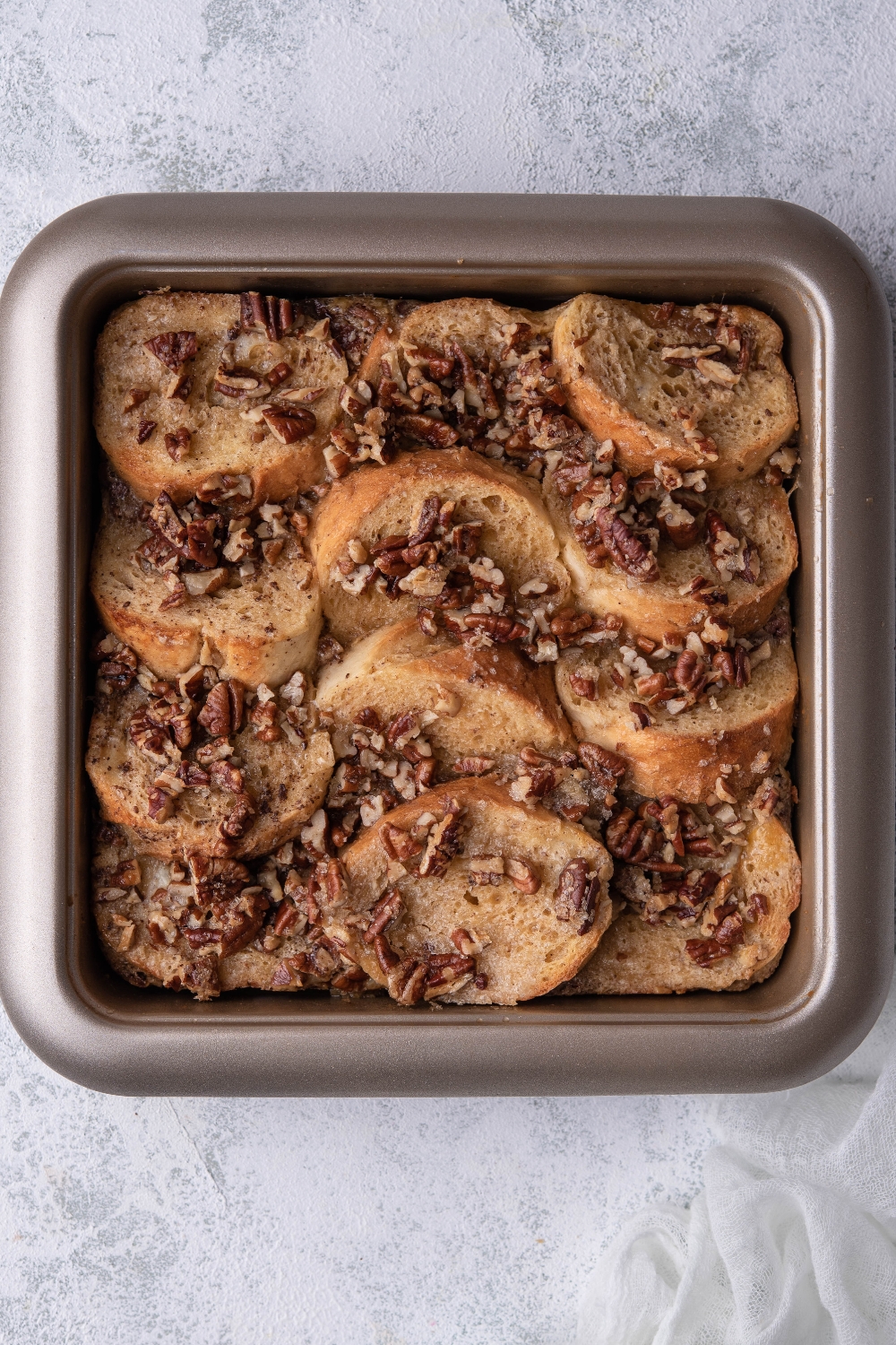 A pan with baked french toast casserole.