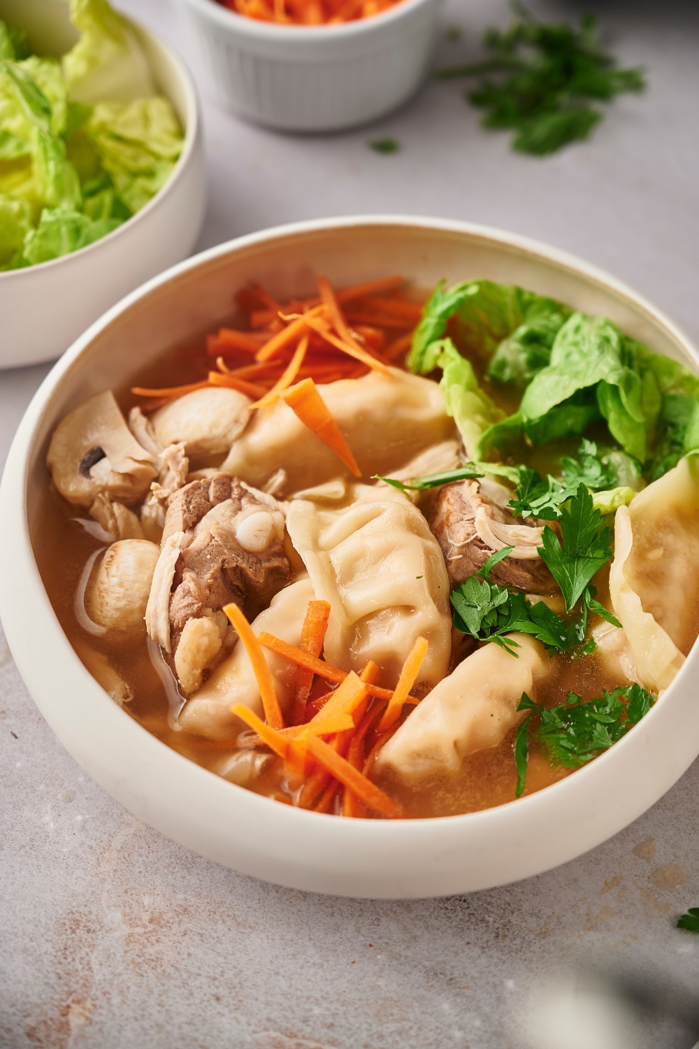 Lettuce, shredded carrots, wontons, chicken, and pork in broth that is in a white bowl.