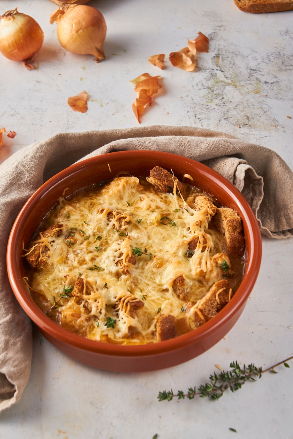 French onion chicken casserole and a red bowl.