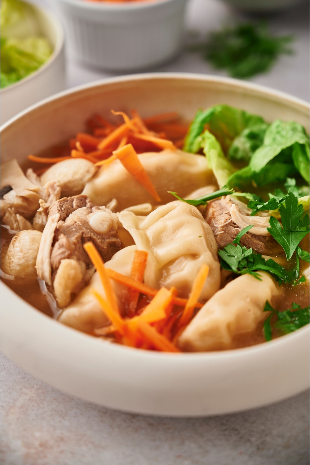 Wontons, lettuce, carrots, and chicken in a bowl of broth.