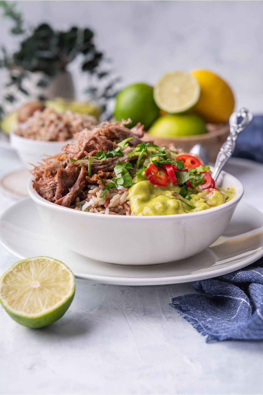 Shredded barbacoa in a bowl with brown rice, sliced peppers, guacamole, and fresh herbs.